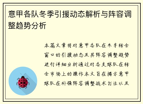 意甲各队冬季引援动态解析与阵容调整趋势分析