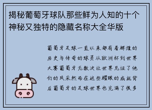 揭秘葡萄牙球队那些鲜为人知的十个神秘又独特的隐藏名称大全华版