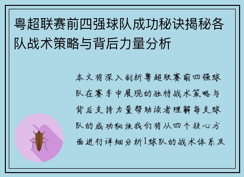 粤超联赛前四强球队成功秘诀揭秘各队战术策略与背后力量分析