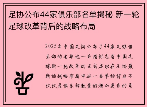 足协公布44家俱乐部名单揭秘 新一轮足球改革背后的战略布局